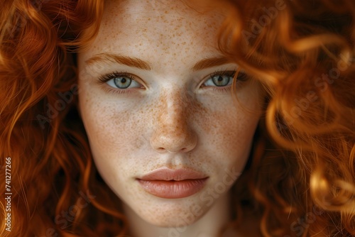 Portrait of young woman with frizzy ginger hair and clean skin. Concept Portrait, Woman, Ginger Hair, Clean Skin, Young