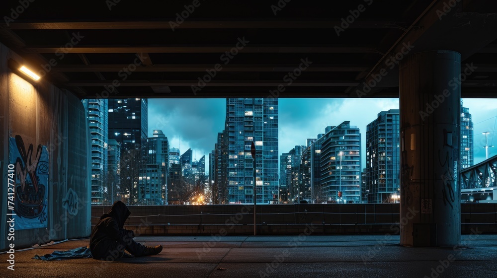 Solitary Figure Experiencing Homelessness Under City Lights. - obrazy, fototapety, plakaty 