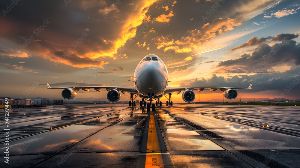 Airplane in the airport at sunset. Business travel and transportation concept - obrazy, fototapety, plakaty 