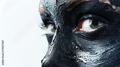 Girl applying charcoal peel off mask on face, skin care products, mask application, beauty products.