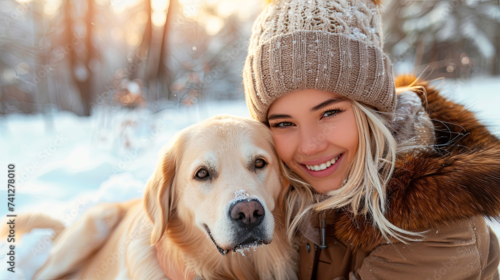 cute girl in winter clothes with a golden retriever dog in the winter forest