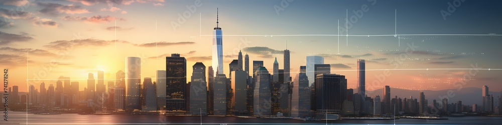 A rising stock trend projected on a transparent screen against an urban skyline at sunset. - obrazy, fototapety, plakaty 