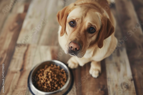 dog is sitting on the floor and looking up at the camera near at a bowl of dry food. Waiting for feeding. Top view. Hungry dog with bowl waiting for feeding, looking at camera, top view. Waiting