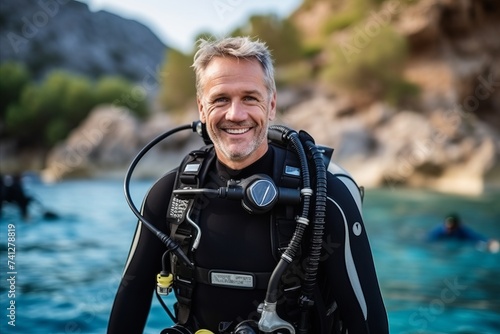 Portrait of happy male scuba diver smiling and looking at camera © Nerea