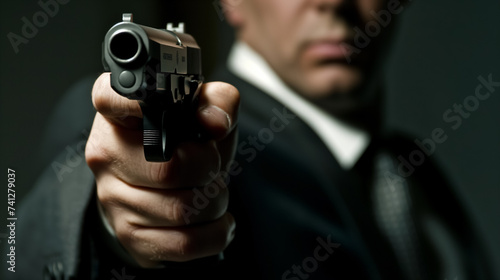 Man pointing gun with a focused expression.