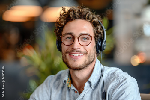 happy Male contract service representative telemarketing operator smiling to camera. Happy man call center agent or salesman wearing headset working in customer support office.