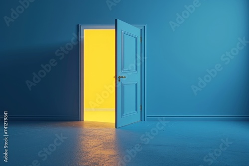 3d render, yellow light inside the open door isolated on blue background. Room interior design element. Modern minimal concept. Opportunity metaphor, Generative AI