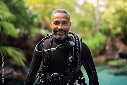 Portrait of a happy senior man wearing scuba diving suit and looking at camera © Nerea