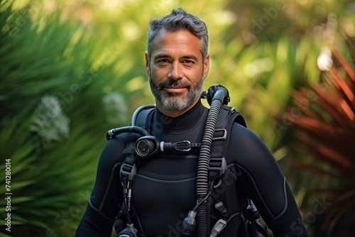 Portrait of a mature man wearing a scuba diving suit. © Nerea