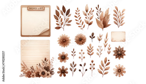 watercolor memo list items with cute floral designs in shades of brown, isolated on a white background, suitable for organization and scrapbooki photo