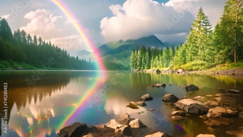lake in the forest in lower mountains with rainbow photo