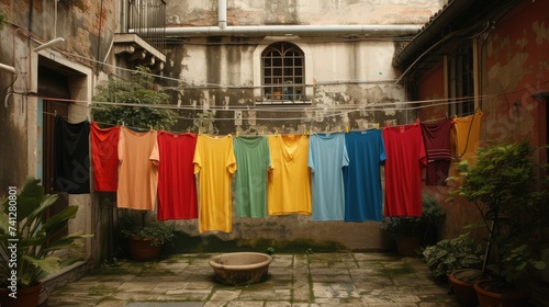 Multi-color t-shirts on a clothesline © Rukhsana studio