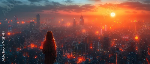 Solitary figure overlooking a vibrant cityscape at sunset