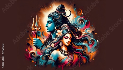 Illustration for maha shivratri in a grunge style with lord shiva and goddess parvati.