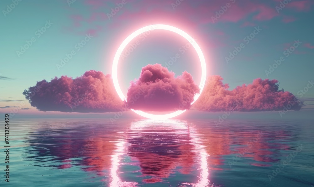 3d render, abstract background with pink cloud levitating inside bright glowing ring, round neon frame, with reflection in the water. Minimal futuristic, Generative AI