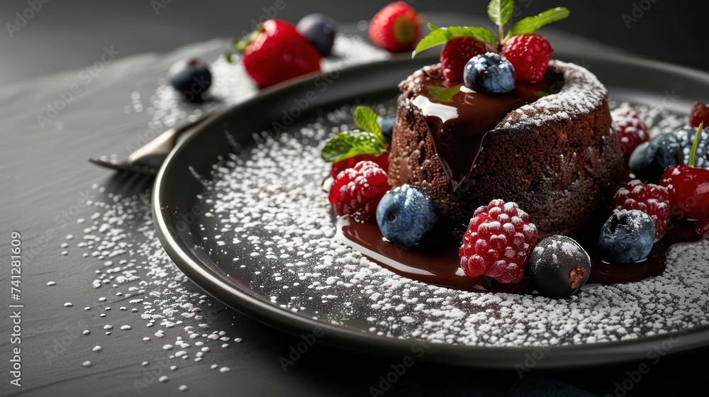 Decadent chocolate lava cake with fresh berries on dark plate Decadent chocolate lava cake with fresh berries on dark plate