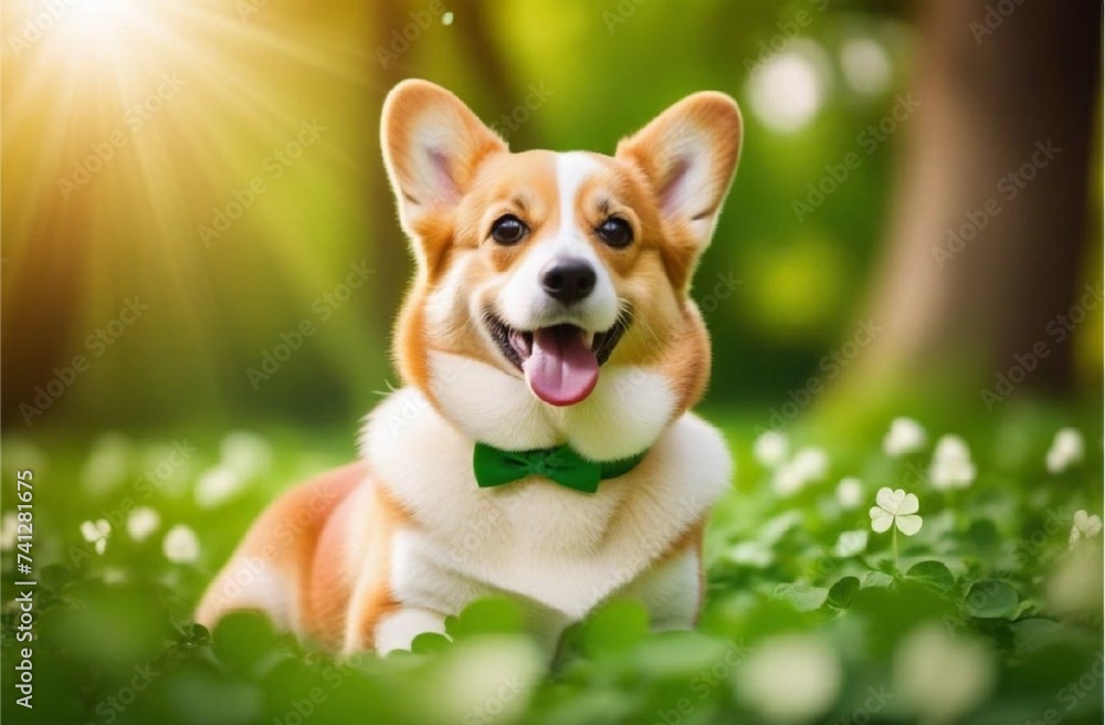 A Corgi dog wearing a green collar running through a field of clover on a sunny day. Perfect St. Patrick's Day banner. A Corgi dog wearing a green collar running through a field of clover on a sunny day. Perfect St. Patrick's Day banner.