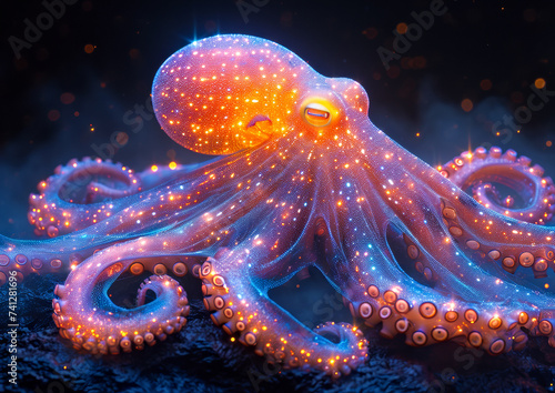 A vibrant  bioluminescent octopus radiates with a cosmic glow amidst a dark underwater scene