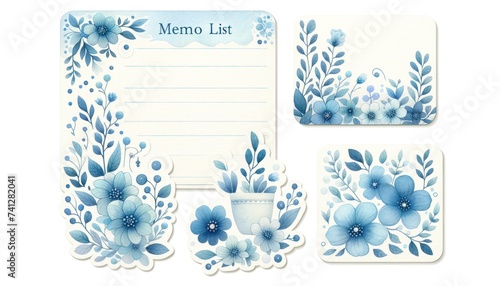 watercolor memo list items with cute floral designs in shades of blue, isolated on a white background, suitable for organization and scrapbooki photo