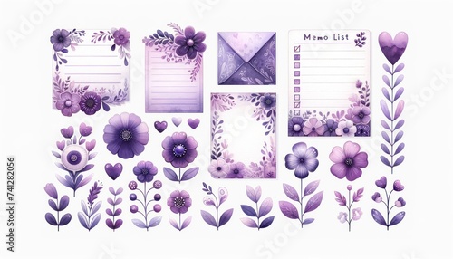 watercolor memo list items with cute floral designs in shades of purple, isolated on a white background, suitable for organization and scrapbooki photo