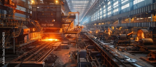 Steel mill interior with industrial glow and molten metal © David