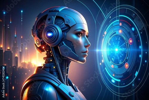 Cyborg with futuristic HUD background. Artificial intelligence concept. 3D illustration