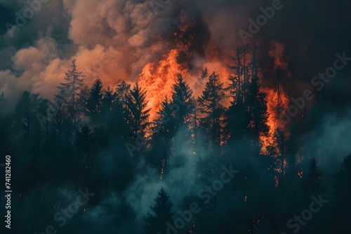 Intense Forest Fire Producing Billows of Thick Smoke. Concept Forest Fires, Dense Smoke, Dangerous Situations, Natural Disasters, Emergency Responses