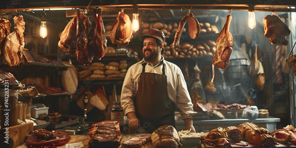 A proud artisan butcher displaying his local shop of charcuterie delicacies. Concept Artisan Butcher, Local Shop, Charcuterie Delicacies, Proud Display, Handcrafted Meats