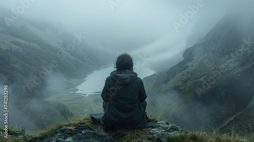 Lone person overlooking a vast foggy mountain landscape at dawn