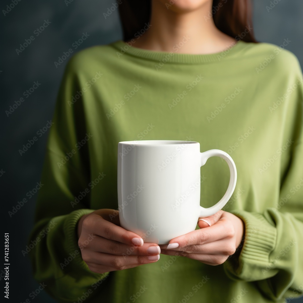 Girl in a green sweater holding a white mug Girl in a green sweater holding a white mug