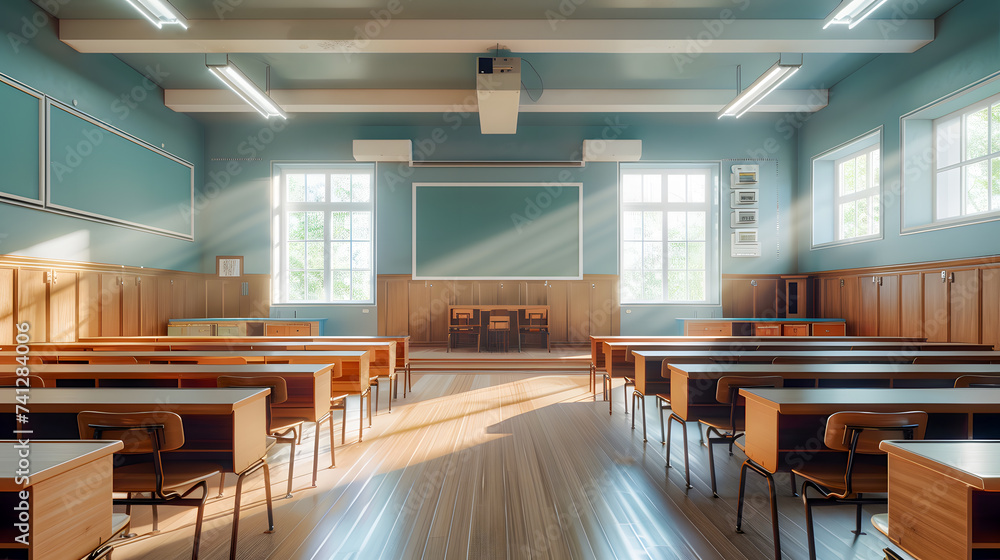 interior of a classroom, Empty Classroom. Back to school concept in high school. Classroom Interior Vintage Wooden Lecture Wooden Chairs and Desks. Studying lessons in secondary education