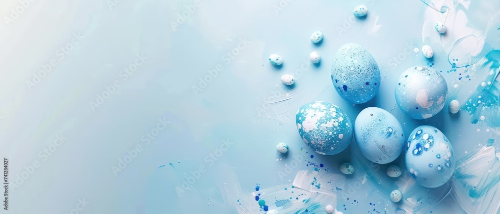 Blue Easter eggs scattered on a vibrant blue painted artistic background - obrazy, fototapety, plakaty 