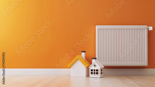 A white radiator on an orange wall and a toy house next to it, a warm house,  photo