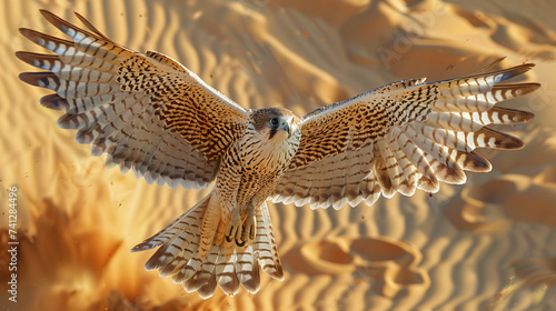 a falcon soaring in the sand with its wings spread