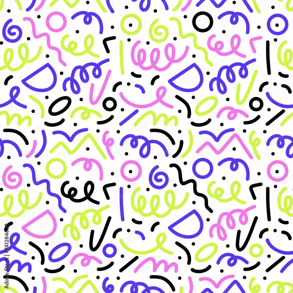 Doodle seamless pattern. Fun colorful line background. 90s kids background. Funny modern childish drawings. Wallpaper and wrapping design. Banner backdrop. Simple party confetti vector illustration