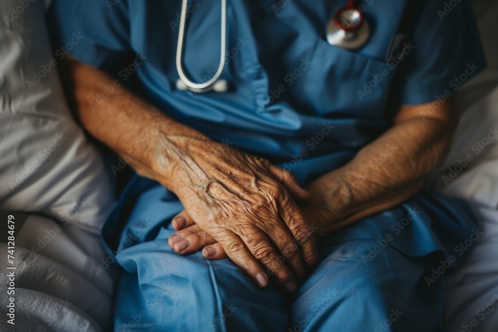 Holding hands with an elderly man in his bedroom is a nurse