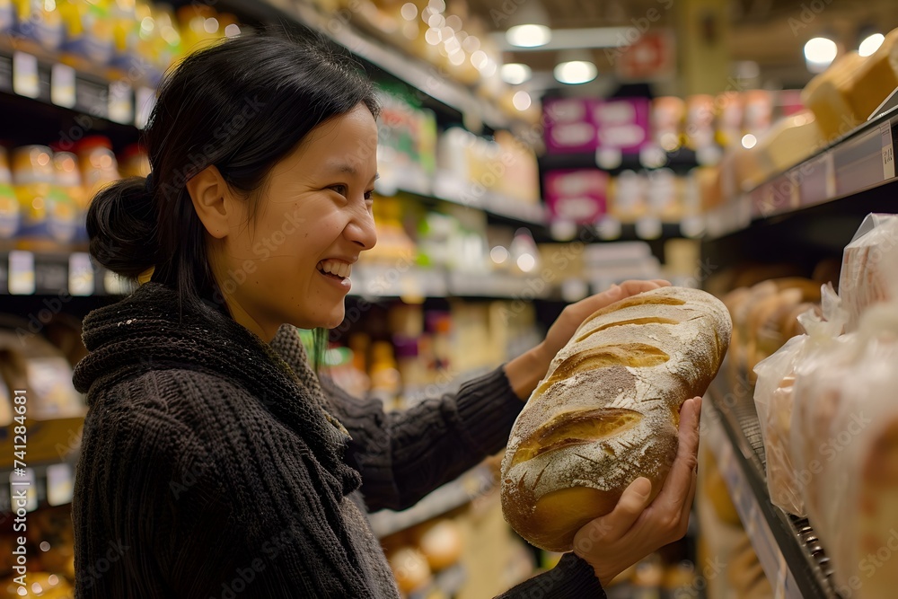 Choosing a Loaf at the Store: Smiling Woman Making Food Shopping Choices. Concept Shopping Choices, Grocery Store, Loaf of Bread, Food Shopping, Decision Making
