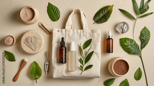 Eco-friendly cotton reusable bag. Fresh natural leaves around. Organic, zero waste cosmetics concept. Women's bag with accessories. 