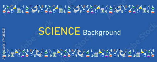 Laboratory glassware banner. Chemical reagents in glass bottles and rest tubes and flasks frame. Medical lab equipment. Scientific research tools. Vector cartoon isolated background