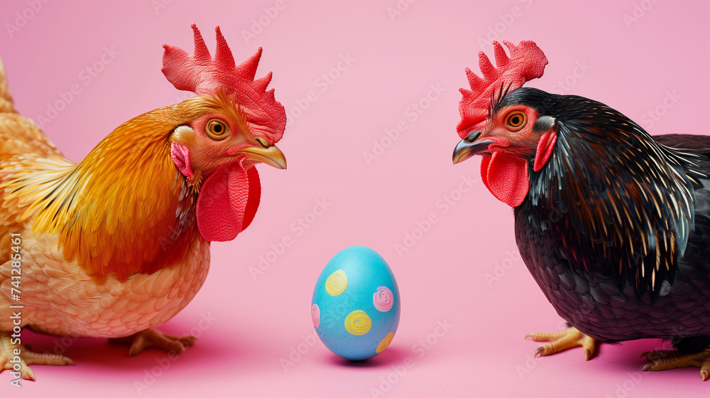 Brown roosters and black chicken looking at colorful easter egg on a light pink background. Minimal easter concept.