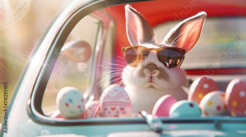Bunny with sunglasses in a vintage car