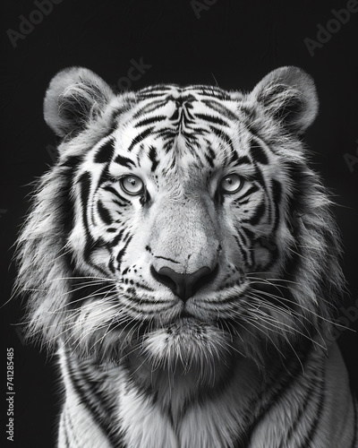 an adult white tiger black and white painting, in the style of dark gold, softbox lighting