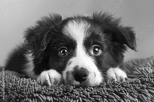 border collie puppy to portrait, in the style of minimalist monochromes © Possibility Pages