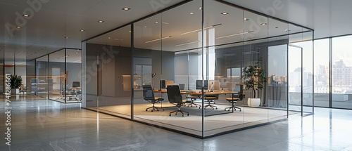 Modern office space with glass walls, featuring a conference room with a round table, chairs, and computers. Outside the room, a spacious area with panoramic windows overlooks an urban skyline. © ChubbyCat
