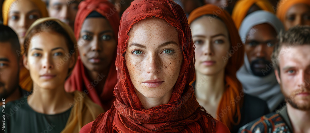 Group of diverse people standing together, with a woman wearing a red headscarf in front foreground, focus on her face and her unique freckles, representing cultural diversity and inclusion. Group of diverse people standing together, with a woman wearing a red headscarf in front foreground, focus on her face and her unique freckles, representing cultural diversity and inclusion.