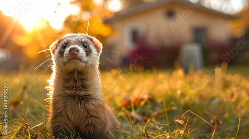 a ferret is running through grass near a house