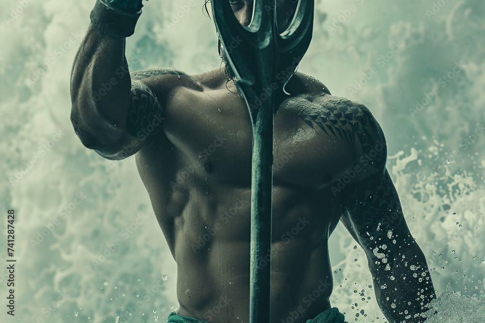 A close-up of Poseidon's strong and muscular arms as he raises his trident high above his head, ready to unleash his wrath, photo - obrazy, fototapety, plakaty 