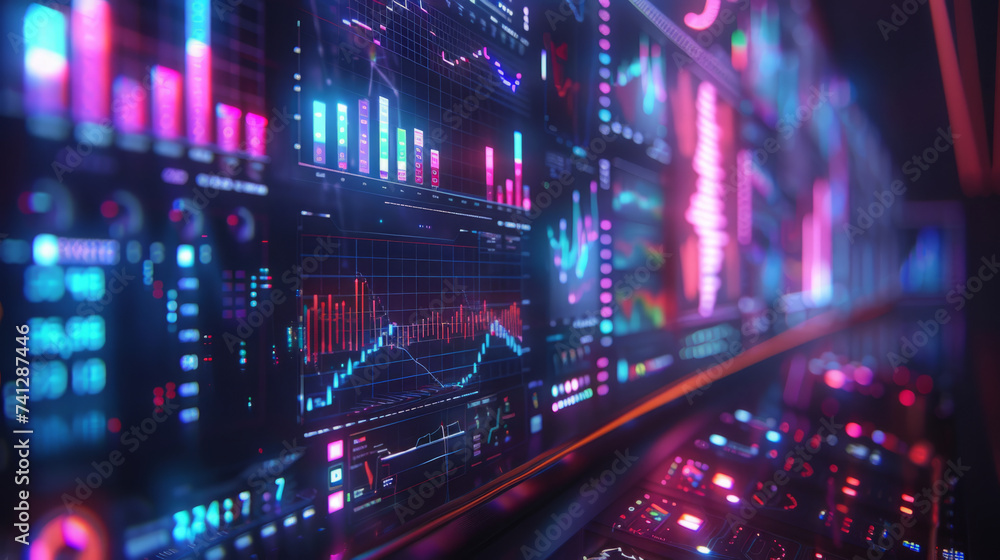 Illuminated graphs and data on multiple computer monitors showcasing financial market analysis or trading dashboard. A modern, high-tech feel conveyed through vibrant colors and digital displays.