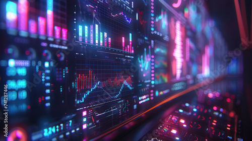 Illuminated graphs and data on multiple computer monitors showcasing financial market analysis or trading dashboard. A modern, high-tech feel conveyed through vibrant colors and digital displays. © ChubbyCat