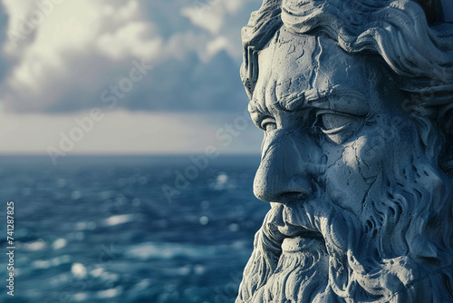 An intimate close-up shot of Poseidon's face as he gazes out over the vast expanse of the ocean, surveying his kingdom with pride and determination, photo